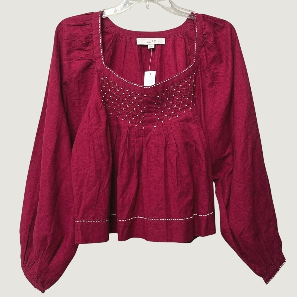 LOFT NWT Embroidered Smocked Sweetheart Blouse Burgundy Red Womens Small